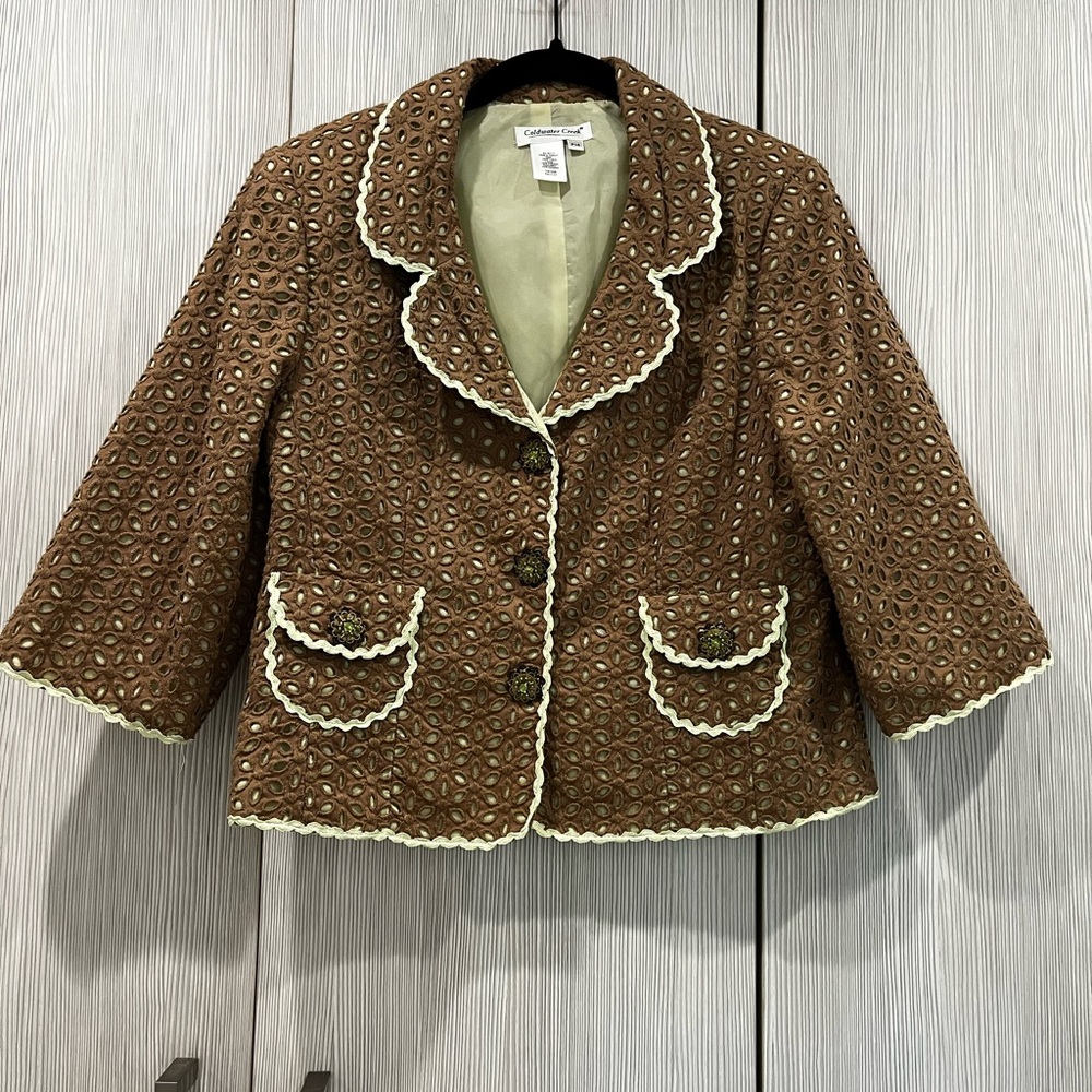 SPRING‎ SALE Coldwater Creek Brown Eyelet Embroidered Cropped Jacket 14P